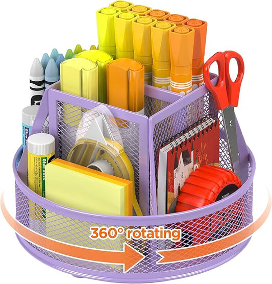 Docnest Mesh 360 Degree Rotating Pen Holder with 6 Compartment,Metal Pencil Cup Art Supply Storage Box Caddy,Teacher Stationery and Dorm Supplies Desk Organizer for Pencil,Sticky Note,Scissors-Purple