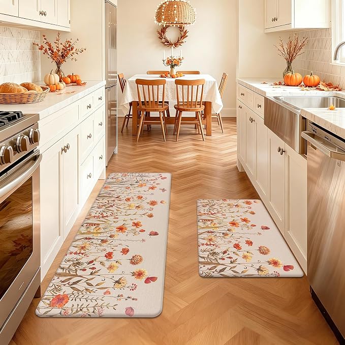 SHACOS Anti Fatigue Fall Kitchen Rugs Set of 2 Beige Orange Wild Flowers | Waterproof Non Slip Cushioned Kitchen Floor Mats Harvest Autumn Farmhouse Comfort Standing Mat 17x27.5+17x47"