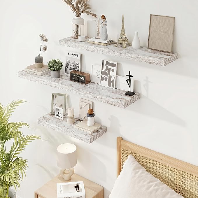24in Floating Shelves for Wall, 24"W x 9.25"D x 1.25"H, 2 Pack Long Wall Mounted Engineered Wood Shelves with Invisible Brackets for Living Room, Bedroom, Bathroom, Kitchen, Vintage White