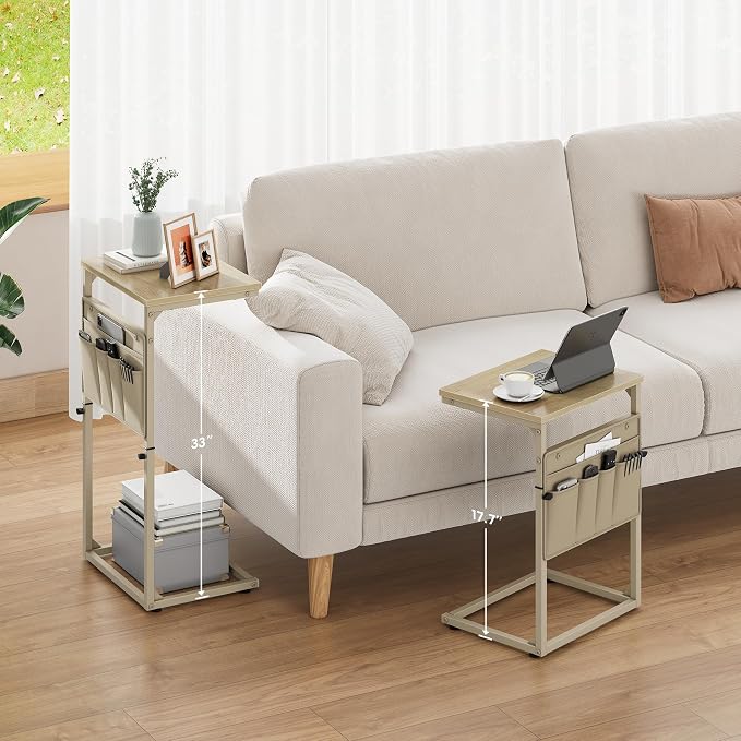 Vagusicc C Shaped End Table, 32'' Tall Side Table for Couch, Adjustable Height Small Couch Side Table for Small Spaces, End Table Slide Under Sofa Table TV Tray Table Arm Table for Living Room