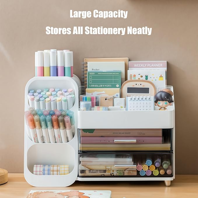 Desk Organizer with Pen Pencil Holder, Pen Organizer with 2 Drawers & 4 Compartments, Desktop Organizers and Storage for Office Home School Art Supplies (White)