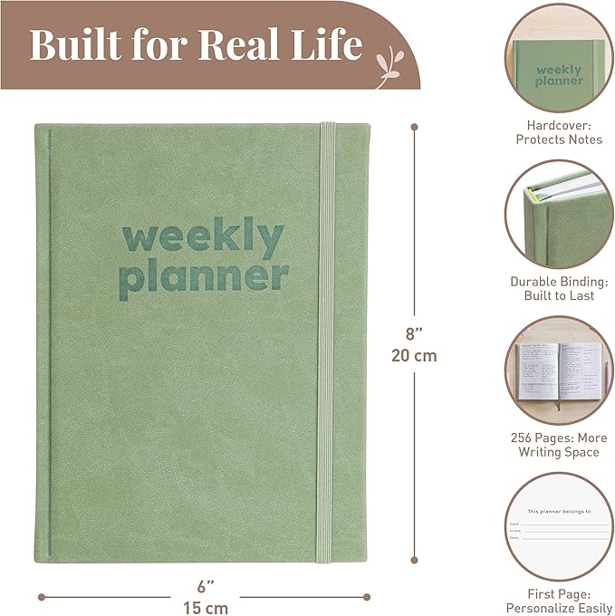 Rileys & Co Undated Daily Planner 8 x 6 in, Day Schedule Planner & Agenda Book, Journal with Goal & Habit Tracker, No Dates Dateless Annual Organizer for Work, School & Home - Green