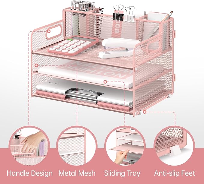 3-Tier Desk Organizer with Pen Holder and Handles, Paper Organizer, Pink | Desk Organizer and Paper Organizer for Desk with Pen Holder, Paper Trays and Handles for Files, Mail and Office Supplies