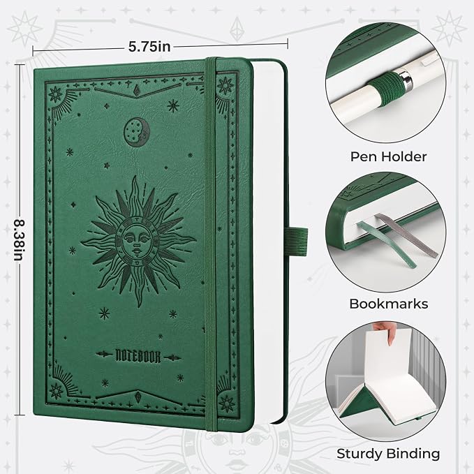 EMSHOI Dotted Journal Notebook, 320 Pages, A5 Small 5.75"x8.38", PU Leather Hardcover, 100 GSM Thick Paper, 5mm Dot Grid Notebook for Journaling, Planning, Drawing, Writing, Dark Green