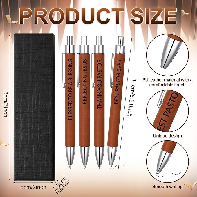 Sayglossy 4 Pcs Best Pastor Appreciation Gifts for Men Christian Leather Pen Sets Best Ever Gift for Pastor Day Birthday Christmas Pens Appreciation Gifts for Church