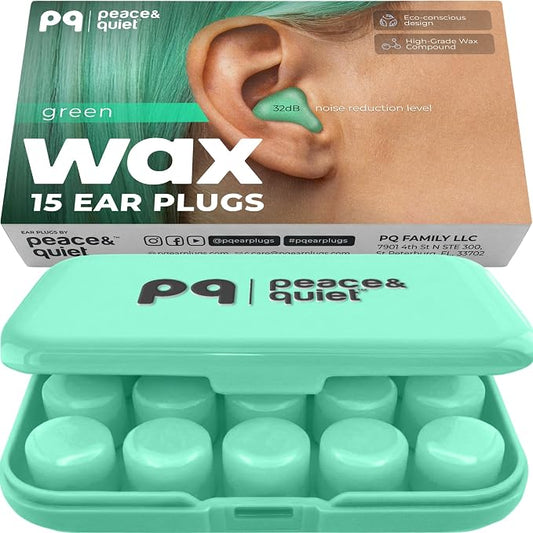 Peace&Quiet | PQ Wax Ear Plugs for Sleeping, Swimming - Soft Noise Cancelling Silicone Gel Wax Earplugs for Sleep and Swimmers, Ear Protection with Sound Blocking Level of 32 Db, Color: Green