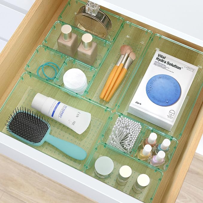 StorMiracle 13 PCS Clear Plastic Drawer Organizers Set, 4 Size Desk Drawer Organizer Trays for Makeup, Jewelry, Kitchen Utensils, Gadgets and Office Accessories, Sea Blue