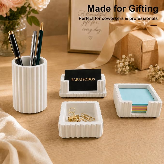 Concrete Desk Organizer Set of 4, Modern Desk Accessories, White | Pen holder, Sticky note holder, Paper clip tray, Business card holder, Soft anti-slip pads, For home and office use