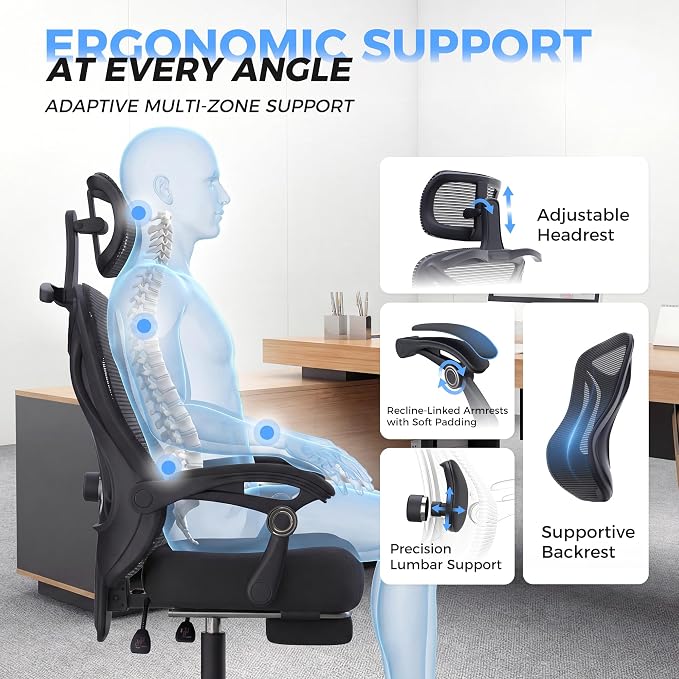 Ergonomic Office Chair - Adjustable Lumbar & Headrest, 90-160° Reclining with Footrest, Breathable Mesh Back - Home Office/Gaming Computer Chair
