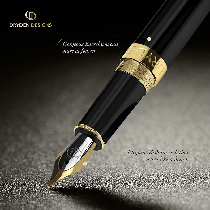 Dryden Designs Fountain Pen - Medium Nib and Fine Nib | Includes Luxury Box, 6 Ink Cartridges - 3 Black 3 Blue and Ink Refill Converter - Intense Black