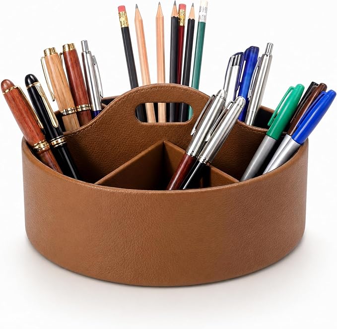 360° Rotating Leather Desk Storage Organizer with 6 Slots and Handle Extra-large Pen Holder Spinning Pencil Storage Lazy Susan Organizer Office Desk Supplies Marker, Art Supply(Brown)