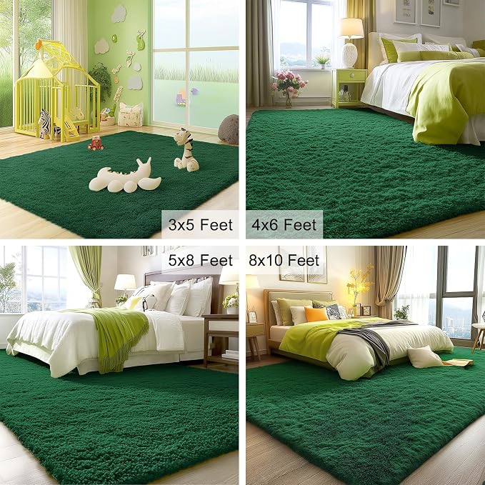 OLANLY Area Rugs for Living Room Bedroom, Machine Washable 4x5.9 ft Soft Fluffy Shaggy Bedside Rug, Indoor Floor Carpet for Kids Girls and Boys, Dorms, Nursery Rooms, Home Decor Aesthetic, Dark Green