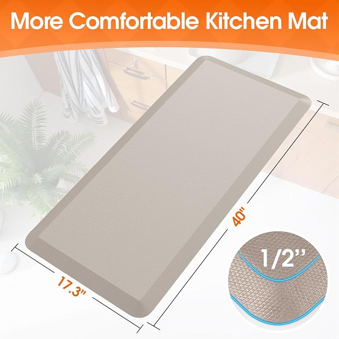 TranquilRelax Extra Large Kitchen Mat Rug, Floor Comfort Mat with Non-Slip Bottom, Waterproof & Stain Resistant & Easy Clean, Standing Desk Mat for Kitchen, Sink, Office (17.3''x39'', Khaki)