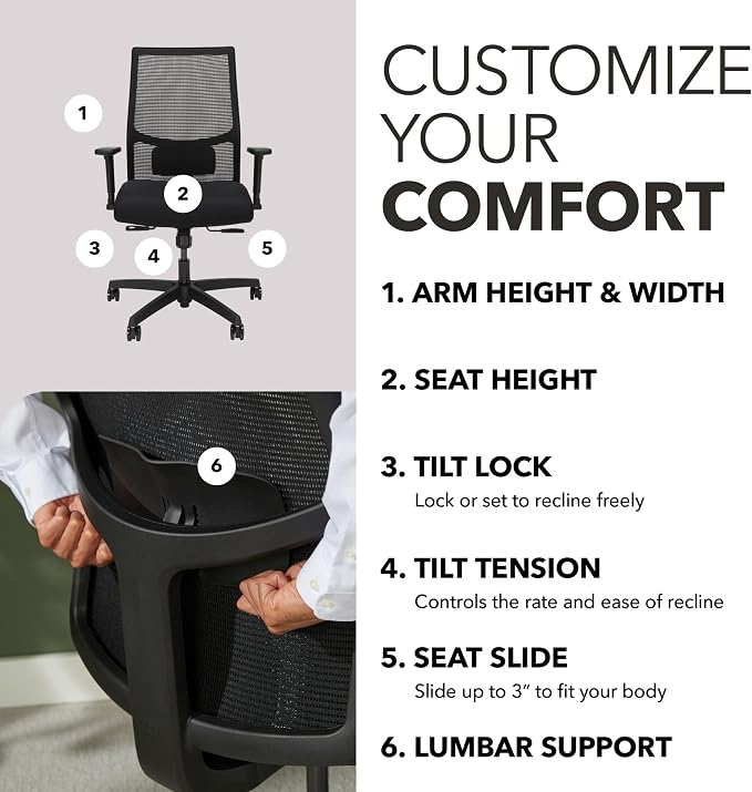 HON Ignition 2.0 Mid‑Back Ergonomic Office Chair, Mesh Task Desk Chair with Lumbar Support, Standard Synchro‑Tilt, Height and Width Adjustable Arms, Black Frame, Black