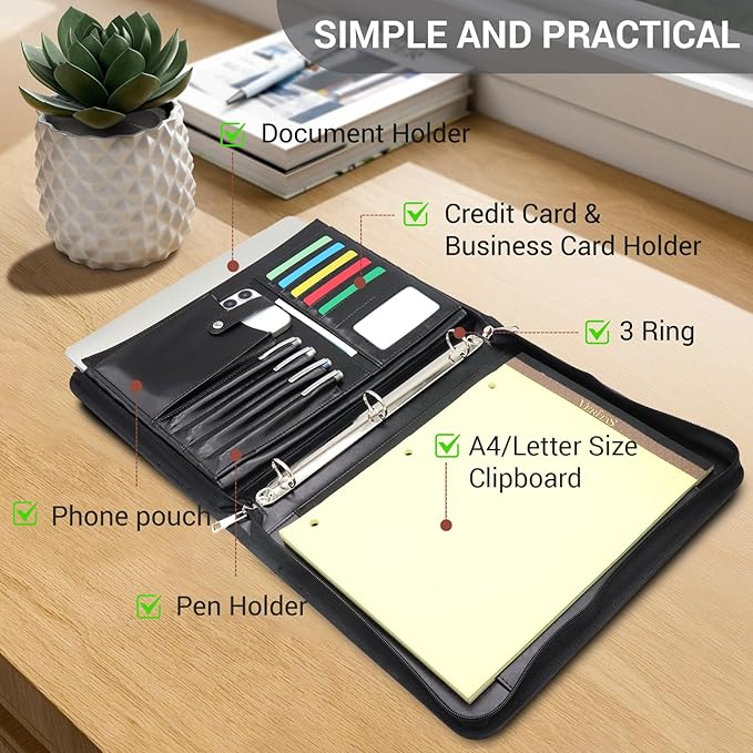 Faux Leather Portfolio with Handle – 3-Ring Padfolio Organizer for 13.9" Laptop/Tablet, A4 Legal Pad Holder, Multi-Pocket Business Folder for Work, Office & Meetings & Daily Commute (Black)