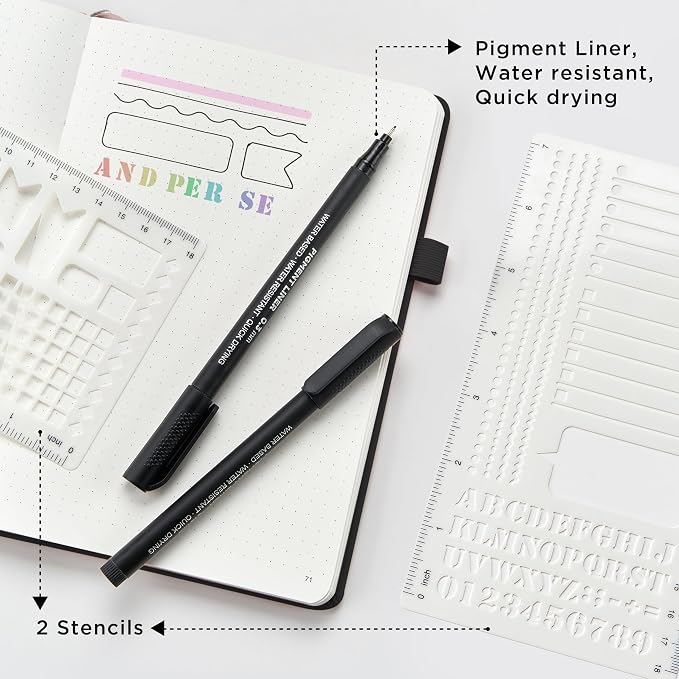 &And Per Se Dotted Notebook, A5 Hardcover with Journal Dotted Pages, Journal Stencils & Pen, 176 Numbered Pages for Beginners Women Men (Purple)