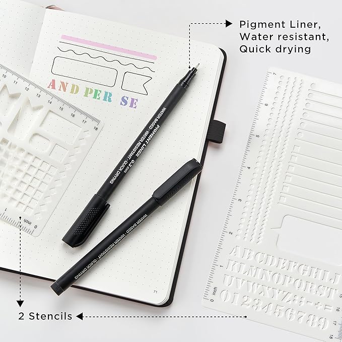 &And Per Se Dotted Notebook, A5 Hardcover with Journal Dotted Pages, Journal Stencils & Pen, 176 Numbered Pages for Beginners Women Men (Cyan)