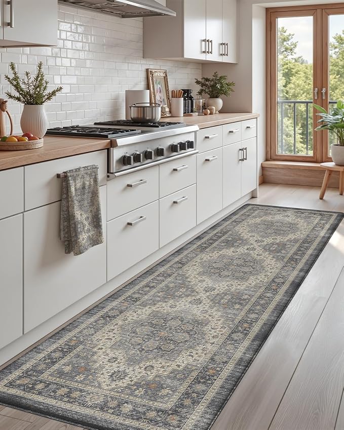 DEXI Kitchen Floor Mats Anti Fatigue, 23x86 Large Long Cushioned Vintage Runner Rug Waterproof, Standing Comfort Memory Foam Padded for Front Sink Laundry Office, Pale Grey