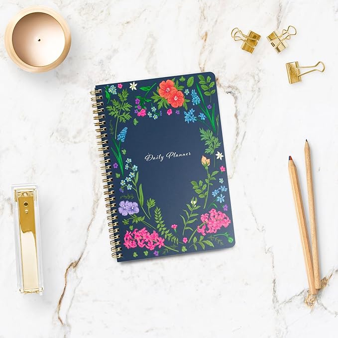 BLU MONACO | Daily Planner Undated Notebook | Navy Floral Spiral Hourly To Do List Planner | 160 Pages 80 Days | Organizer for Work Business School Appointments
