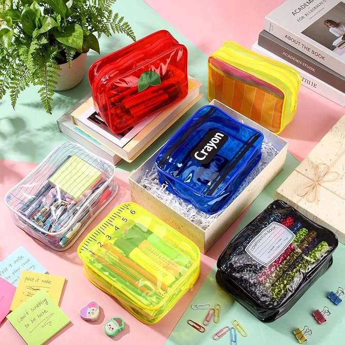 Suclain 6 Pack Back to School Gift for Teacher, School Theme PVC Zipper Organizer Pouches, 7.9 × 5.9 × 2.4 in Colorful Storage Bags for Classroom Rewards Teacher Student Gift Bags