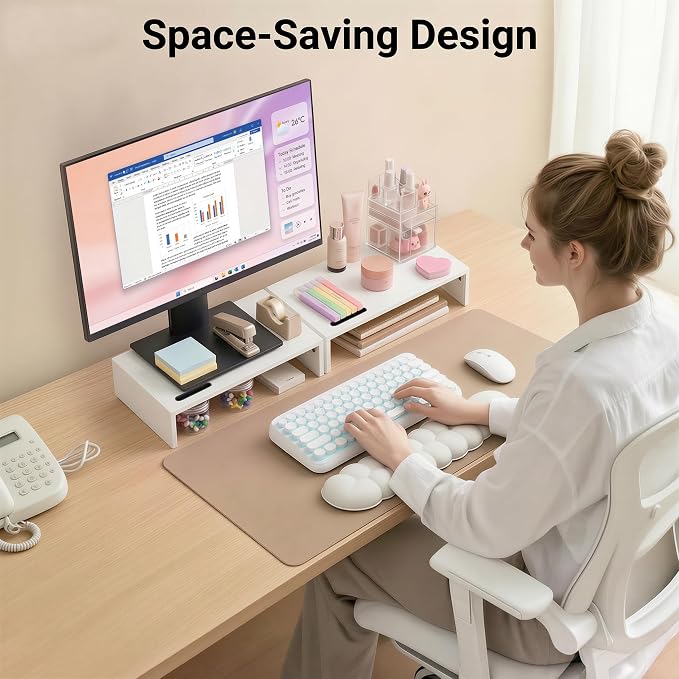 BONTEC Monitor Stand Riser with Cellphone Holder & Cable Management | 16.7 Inch Wood Monitor Riser Stand, Desktop Stand for PC/TV/Laptop/Printer, White