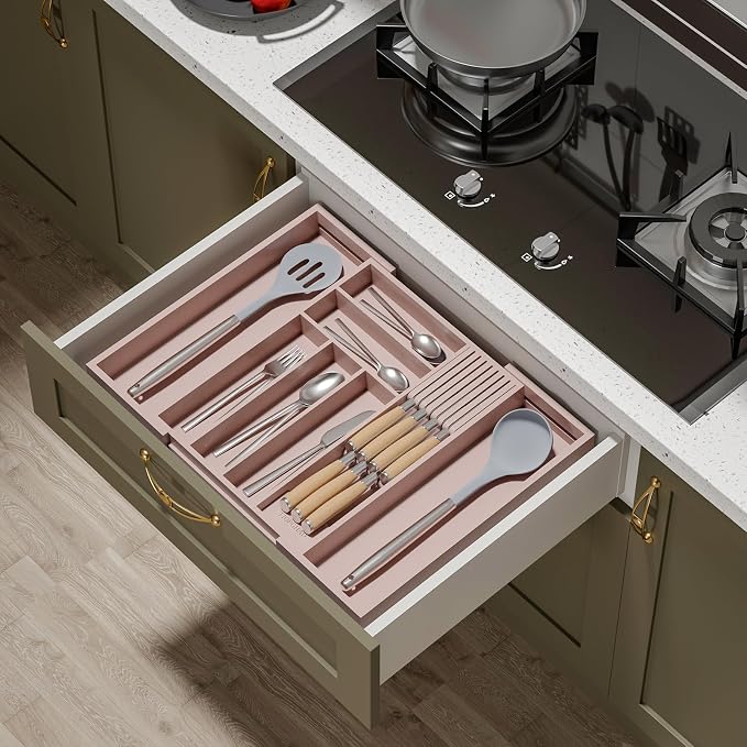Expandable Bamboo Silverware Drawer Organizer Tray, Grey Pink | Removable Knife Block, Holds 7 Knives, Adjustable Dividers, 12.6-21.45 x 16.3 x 2.13 in, Drawer Insert for Utensils, Forks