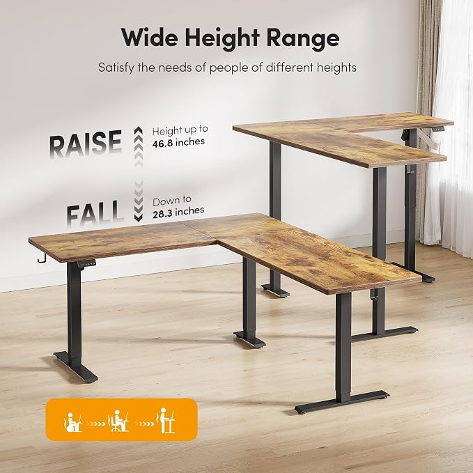 CubiCubi L Shaped Standing Desk 63 x 55 Inch Adjustable Height, Electric Corner Desk, Sit Stand Home Office Desk with Splice Board, Rustic Brown