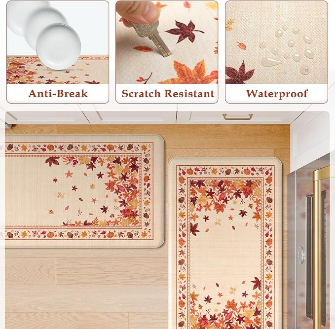 KIMODE Fall Kitchen Mats Cushioned Anti Fatigue 17"x47"+17"x29", Beige Kitchen Mats for Floor, Padded Kitchen Floor Mats Non Slip, Autumn Maple Leaves Standing Mat for Laundry Office Sink Desk