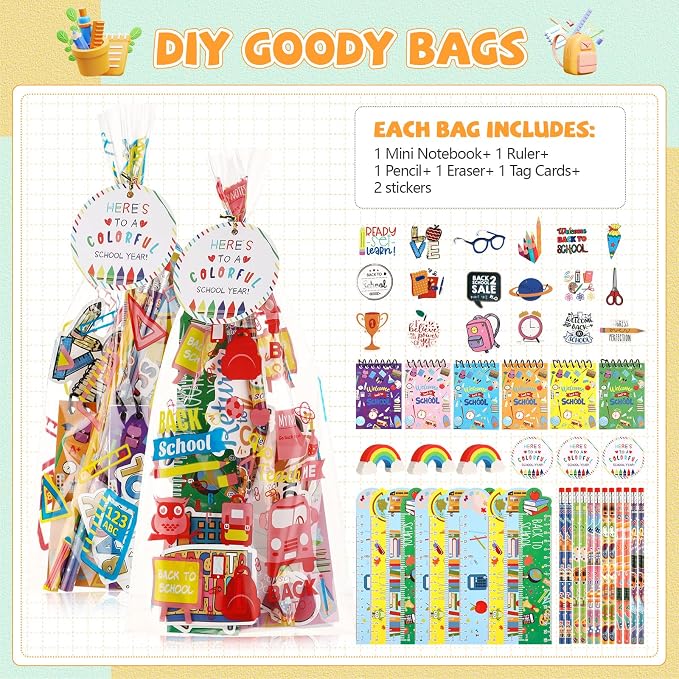 Kolldenn 24 Set Back to School Stationery Set for Students, First Day of School Treat Bags Mini Notebook Pencil Ruler Eraser Sticker Welcome to Schools Gifts for Classroom Gifts Goodie Bags Fillers