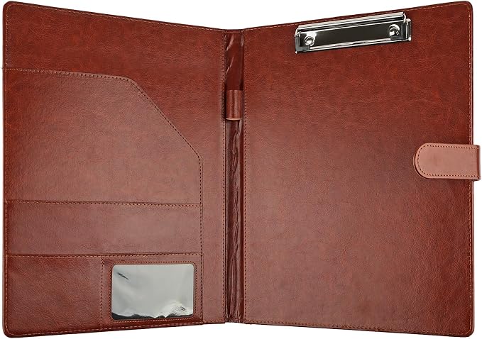 Professional Padfolio with Clipboard, Faux Leather Portfolio Folder Binder, Legal Pad Holder for A4 Letter Size Notepad, Resume, Writing Pad, Ideal Organizer for Business Office Conference (Brown)