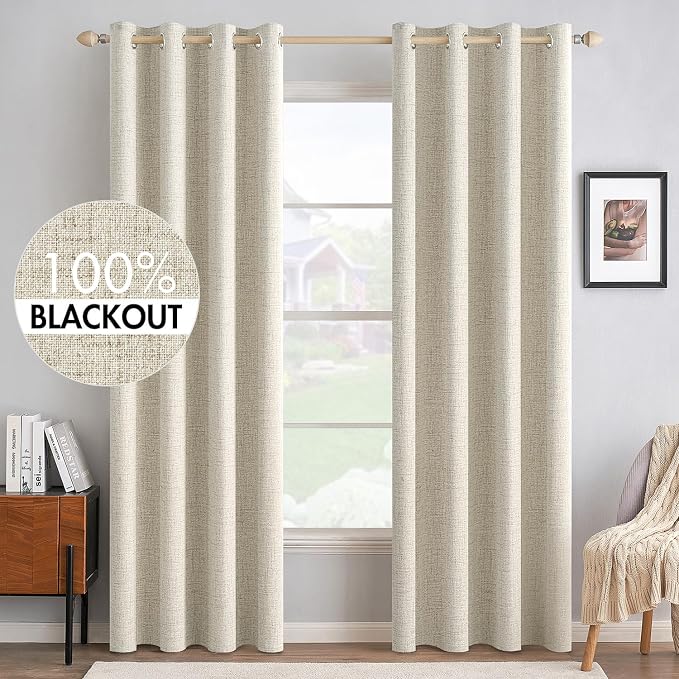 MIULEE 100% Blackout Polyester Textured Curtains for Bedroom Solid Thermal Insulated Cream Grommet Room Darkening Curtains & Drapes Luxury Decor for Living Room 52 x 90 Inch (2 Panels)