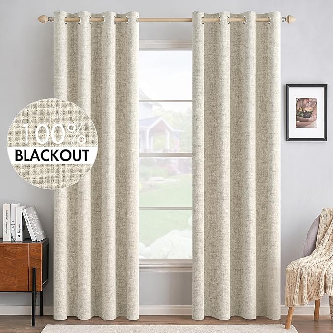 MIULEE 100% Blackout Linen Textured Curtains for Bedroom Solid Thermal Insulated Cream Grommet Room Darkening Curtains & Drapes Luxury Decor for Living Room 52 x 72 Inch (2 Panels)