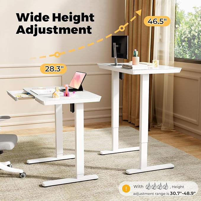 Glass Electric Standing Desk with Drawer, 31.5" x 20" Whole Piece Small Sit Stand Table, Height Adjustable Desk with Storage & USB Ports, Quick Install Home Office Computer Desk, White