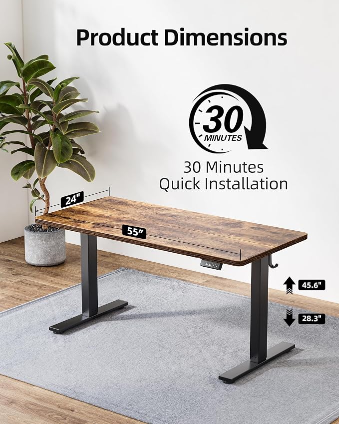 TIQLAB Standing Desk 55 x 24 inch, Electric Height Adjustable with Splice Board, Stand Up Desk, Sit Stand Desk Computer Desk for Home Office, Black Frame/Rustic Brown Top