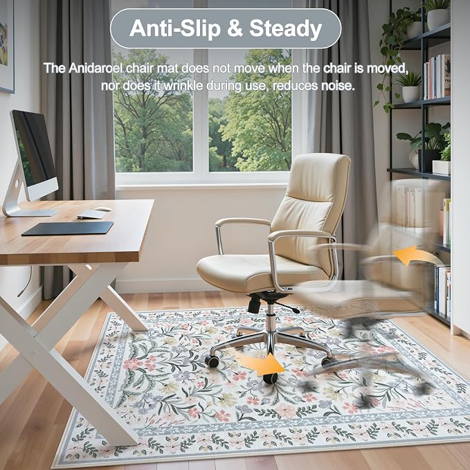 Anidaroel Office Chair Mat for Hardwood Floor/Tile Floor, 48"x60" Boho Floral Computer Chair Mats, Anti-Slip Beige Under Desk Rug for Office Home, Low Pile Floor Protector for Rolling Chair