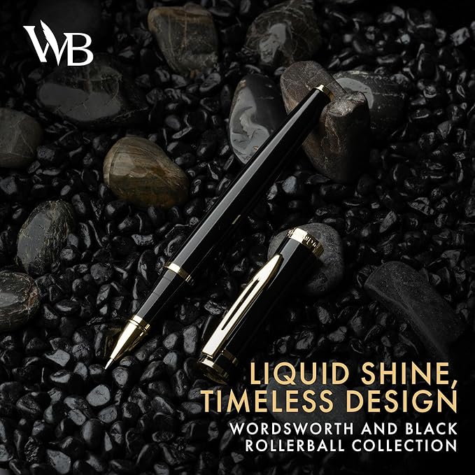 Wordsworth and Black Rollerball Pen - Luxury Pen - 24K Gold Finish, Black Lacquer, Ink Refill, Refillable Gift for Men & Women, Professional Writing, Nice and Fancy Pens and for Work