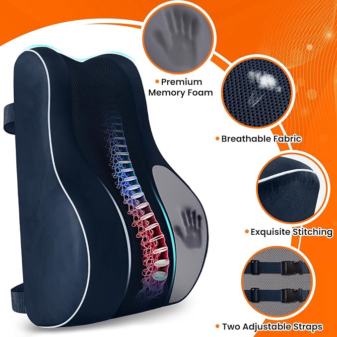 CloudBliss Ergonomic Lumbar Support Pillow Seat Cuhsion - Memory Foam for Lower Back Pain Relief, Adjustable Straps & Mesh Cover for Office, Gaming, Car Seat (XL, Blue)