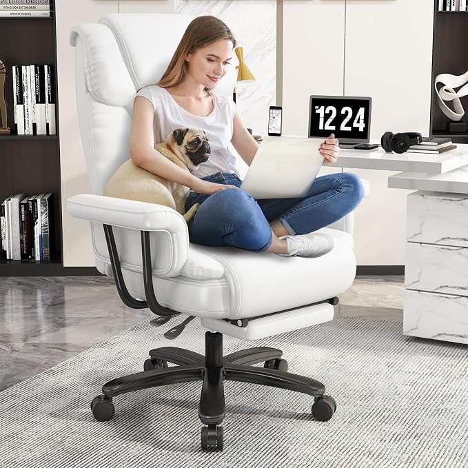 GYI 160 Reclining Office Chair with Footrest, Big & Tall Desk Chair, White | Cross Legged Seat, High Back, Faux Leather, Heavy Duty Base, Adjustable Height, for Home, Executive