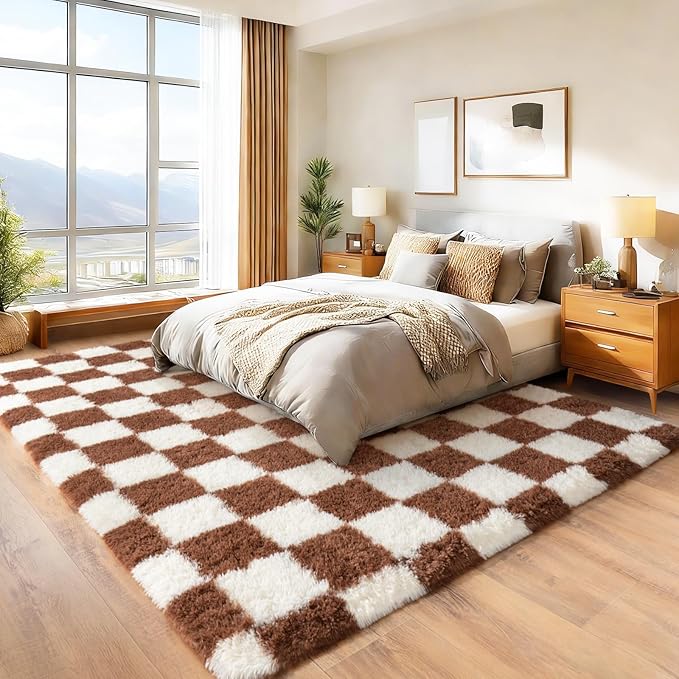Area Rugs for Living Room 9x12, Ultra Fluffy Shag Checkered Rug Modern Washable Carpet Soft Shaggy Non Slip Indoor Plush Fuzzy Rugs for Bedroom Dorm Office Home Aesthetic Decor, Cream and Coffee