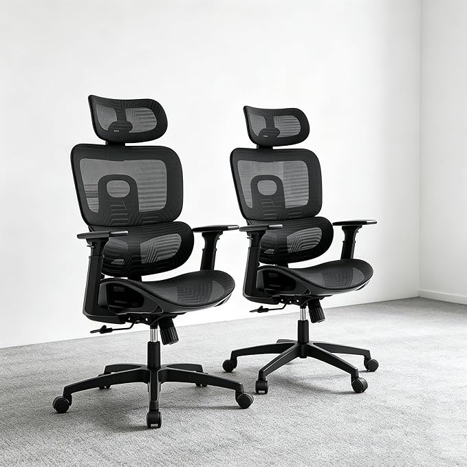MoNiBloom Ergonomic Office Chair, High Back Mesh Desk Chair, Black, 2 Pack | with 3d armrest, high back desk chair, adjustable headrest, lumbar support, recline range from 90 to 145 degrees, L-Shape