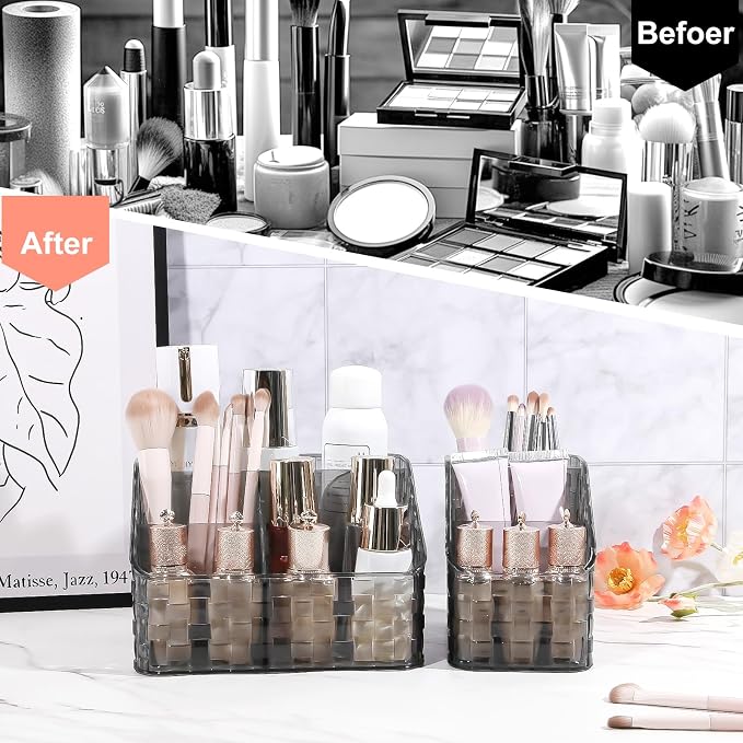 DASITON Makeup Brush Holder Organizer, 3 Slots Acrylic Makeup Brushes Storage Cup, Woven Texture Make Up Brush Holder for Vanity Bathroom Office, Pen Holder for Desk, Cosmetic Display Cases (Grey M)
