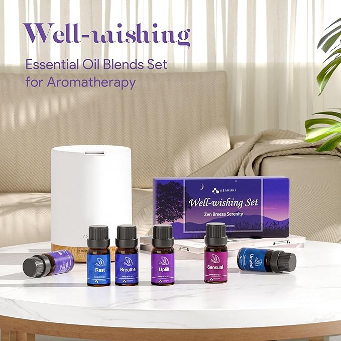 ASAKUKI Essential Oils for Diffuser – 6 Mood Essential Oil Blends (Breathe, Uplift, Sensual, Balance, Unwind, Rest) for Morning to Night Rituals, Home & Daily Use