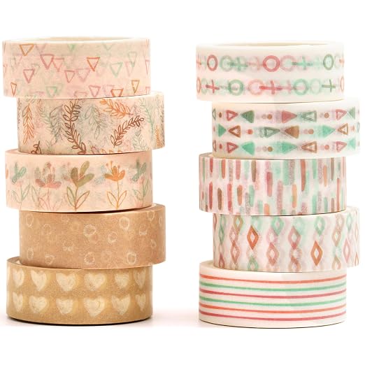 Boho Washi Tape Set 10 Rolls Cute Masking Graphic Floral Pattern Decorative Tapes for Arts, DIY Crafts, Journals, Planners, Scrapbook, Wrapping (Retro)