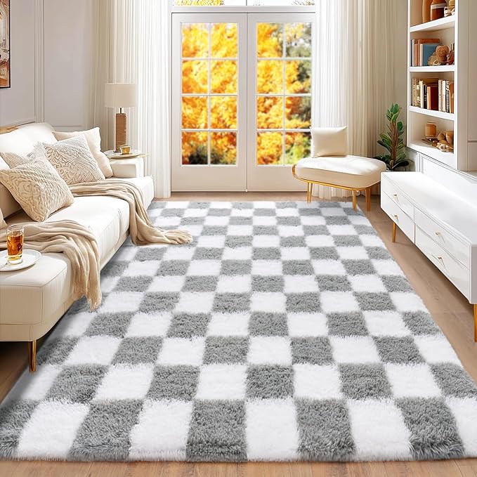 Checkered Rug for Bedroom 5x7, Ultra Fluffy Fuzzy Shag Area Rugs for Living Room, Anti-Skid Indoor High Pile Soft Rug Carpet for Living Room Bedroom Kids Room Nursery, Dorm Home Decor, White & Grey