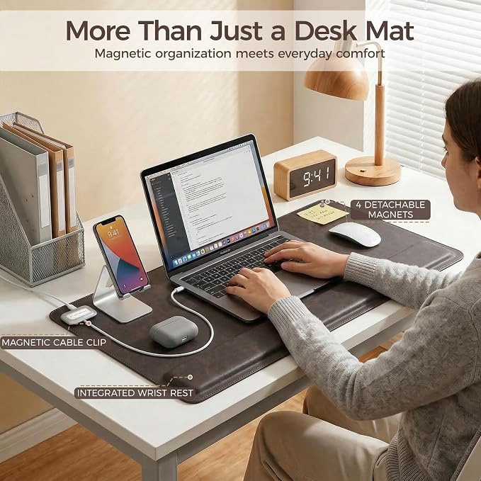 Magnetic Desk Mat System with Wrist Support 80×40cm, Premium Leather Desk Pad with Magnetic Accessories, Waterproof Non-Slip Desk Organizer for Office & Gaming