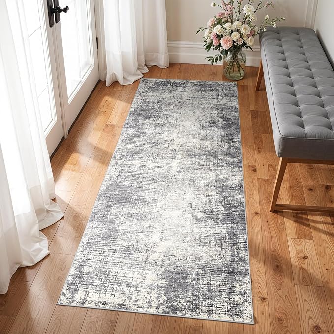 2x6 Hallway Washable Runner Rug - Non-Slip Kitchen Rugs with Rubber Backing Abstract Neutral Low-Pile Carpet Runners for Laundry Room Home Decor Bedroom Bathroom Entryway (Gray Beige,2x6)