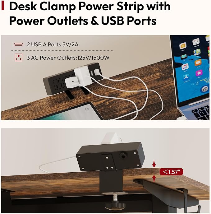 SANODESK Electric Standing Desk with Clamp Power Strip 48"x 30" Whole-Piece Desktop Height Adjustable Stand Up Desk with Cable Management Sit Stand Home Office Black Frame/Rustic Brown Top