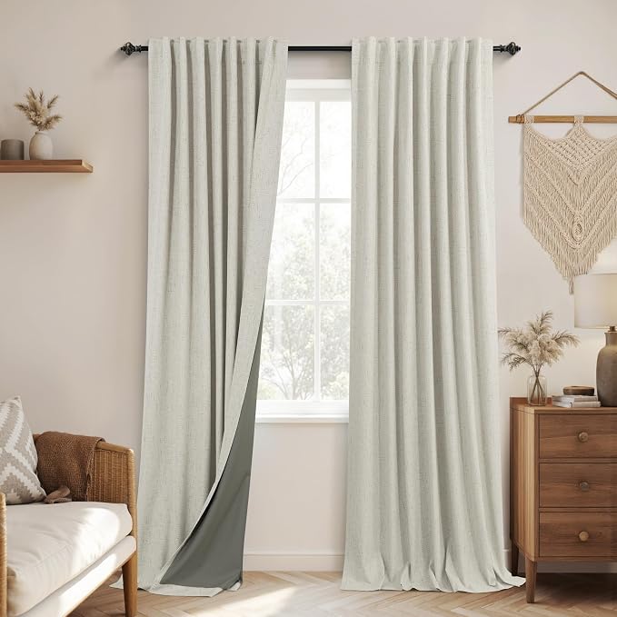 Rustic Oatmeal Beige Blackout Curtains, Primitive Burlap Curtains, Vintage Looking Faux Linen Natural Fabric Plain Solid Color Farmhouse Style Curtains for Bedroom Living Room, 84 Inch Long, Greige