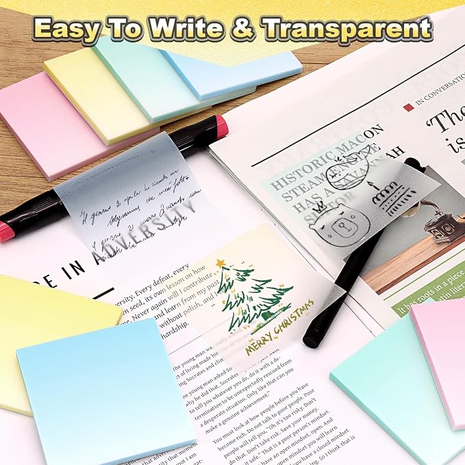 Transparent Glitter Sticky Notes 12 Pack, Sparkly Frosted Gradient 3x3 Inch, High Transparency Glass-Like Adhesive Clear Seee Through Sticky Notes for Women Office School Supplies (600 Sheets)