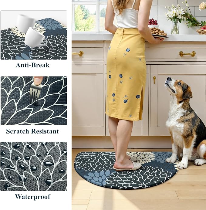 KIMODE Half Circle Kitchen Mats for Floor Cushioned Anti Fatigue Semi Round | Half Round,Dahlia Boho,Blue,Kitchen Rug Set of 2,Non Slip ,Waterproof Sink Floor Mat Carpet Decor for Laundry Bathroom